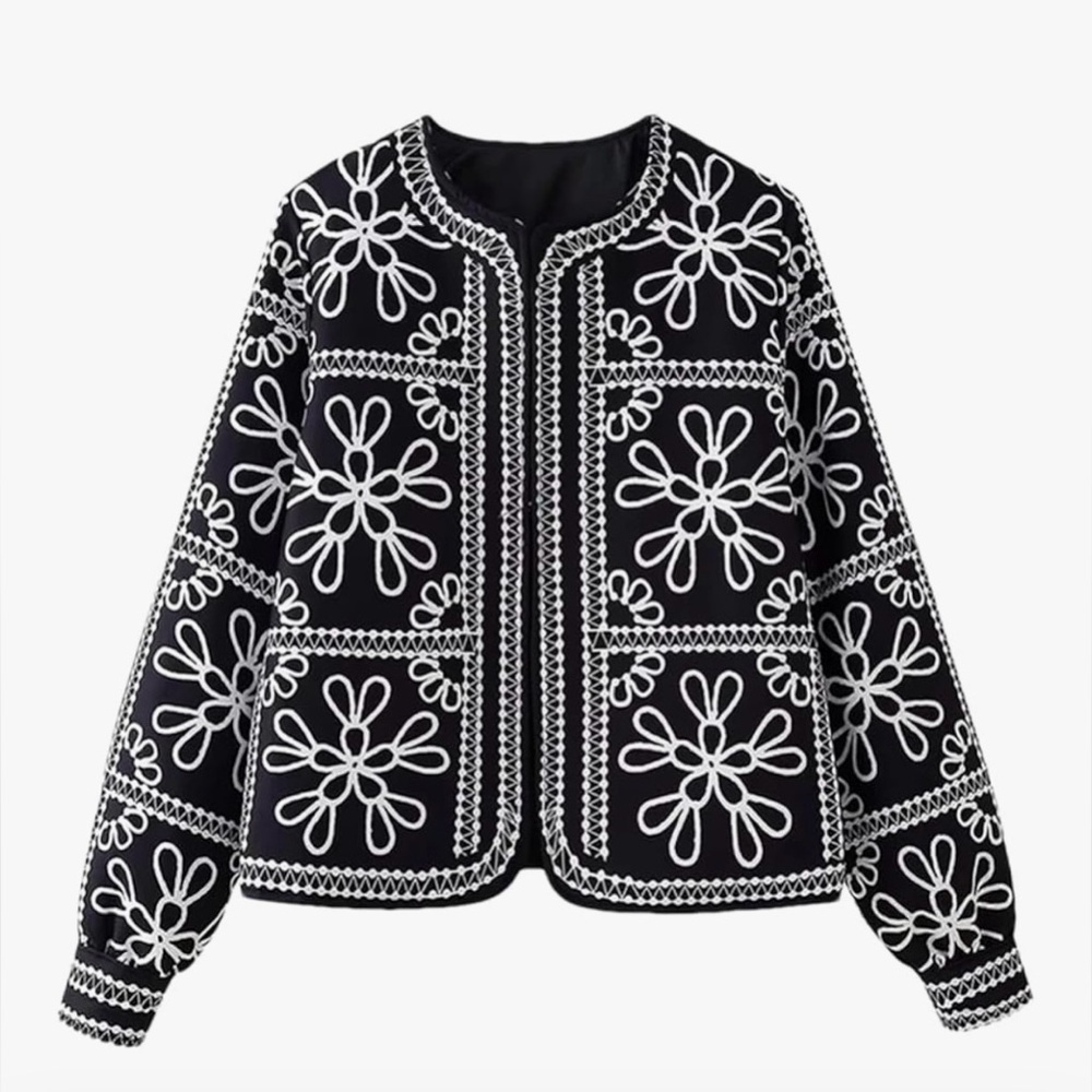 Black & White Embroidered Floral Open Front Jacket | Boho Chic Cardigan - Picture 3 of 11